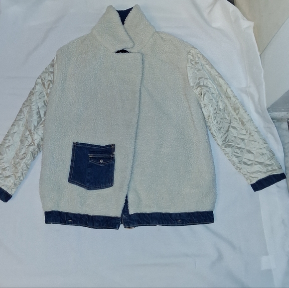 PULL&BEAR Denim Moto Sherpa Jacket Womens Size Large - Picture 6 of 16